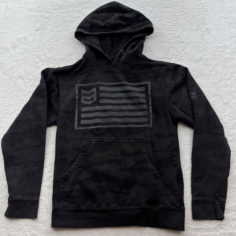 MTN OPS Black Camo Flag Graphic Pullover Hoodie Sweatshirt Mens Medium C586